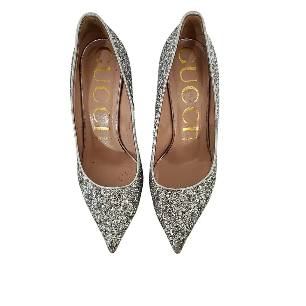 Gucci Virginia Heel Pump Size 37 US 7 Silver Glitter Pink Sole Pointed Toe